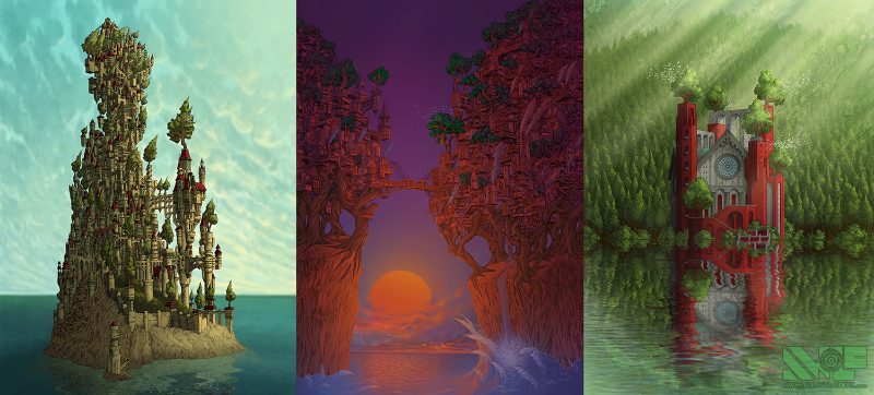 three of the coloured digital photoshop illustrations art the kingdom the tree house town and the lakeside cathedral