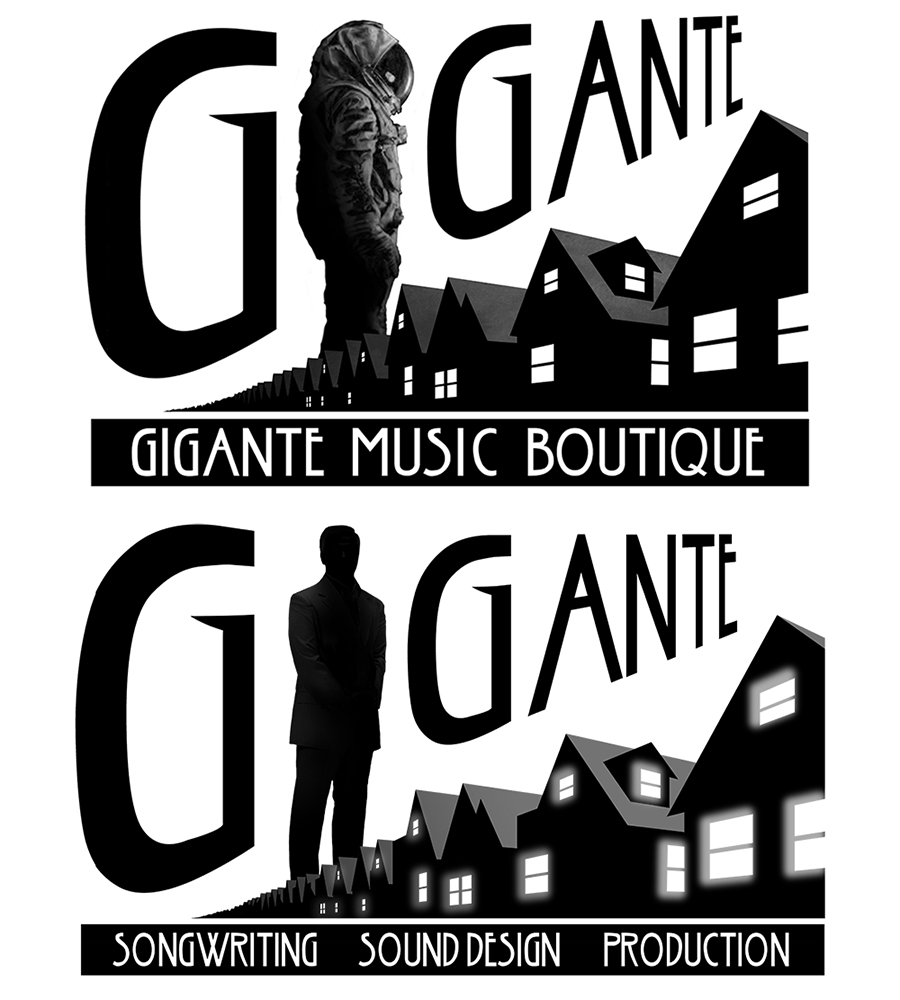 two logos created on photoshop art for a music company of suburban houses and an astronaut and businessman giant figure