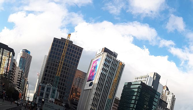 a distorted panorama of the skyline of Auckland, New Zealand's skyline