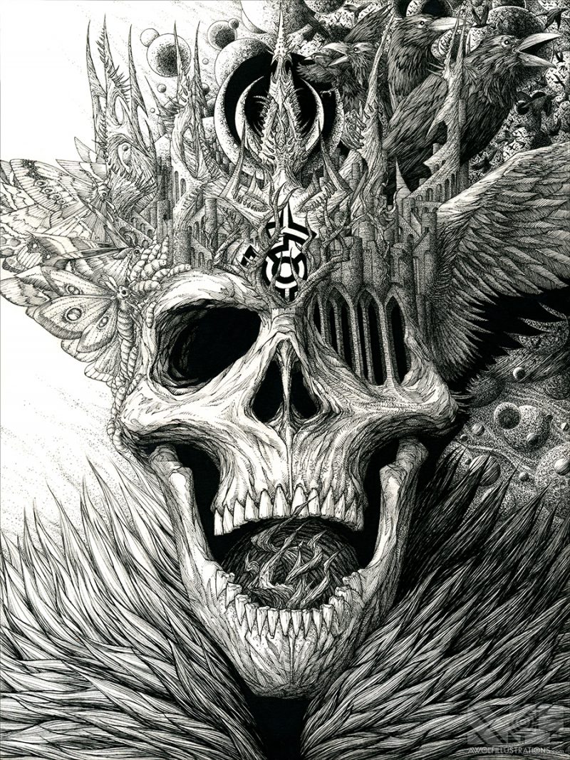 Micron pen illustration of the king of the dead with a crown of bone, moths, ravens, maggots, abandoned castles, and planets