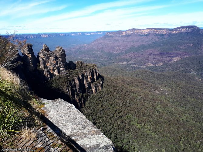 The Blue Mountains, the Three Sisters and the valley far below