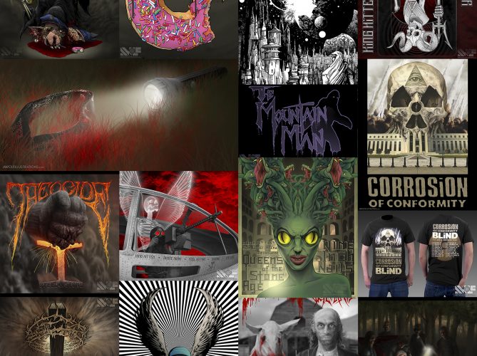 A collage of artwork I have done for heavy metal bands over the last decade including album covers, logos, and poster