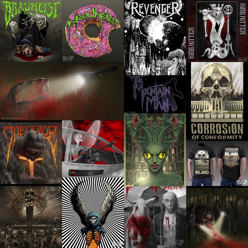 A collage of artwork I have done for heavy metal bands over the last decade including album covers, logos, and poster