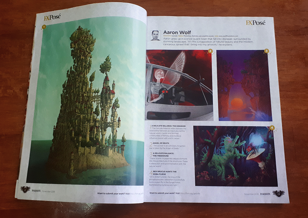 Interior double page layout iof Aaron Wolf's digital art in ImagineFX Issue 166