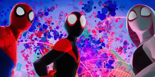 A screenshot from the climax of Spider-man Into the Spider-verse with Miles, Peter and Gwen