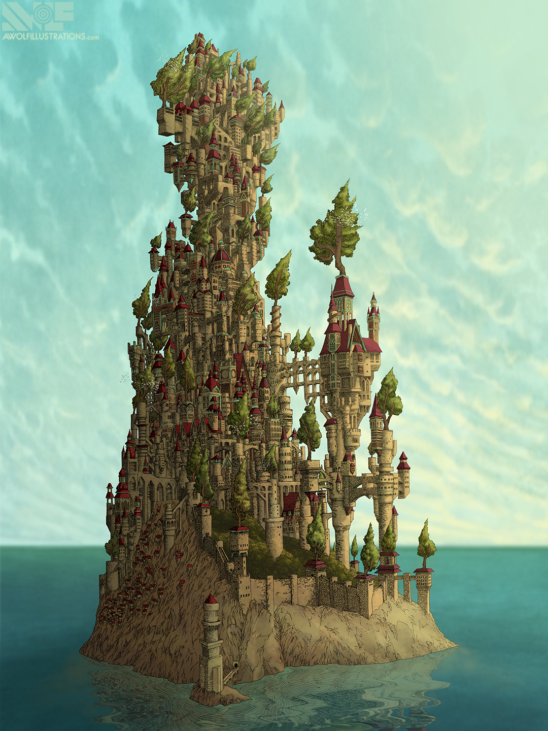 An digital illustration of a castle on an island in the middle of the ocean