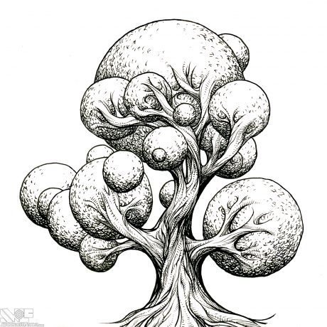 An ink drawing of a whimsical circular black and white shrub tree