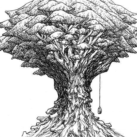 An ink drawing of a large, old broccoli-looking, black and white tree from my sketchbook project