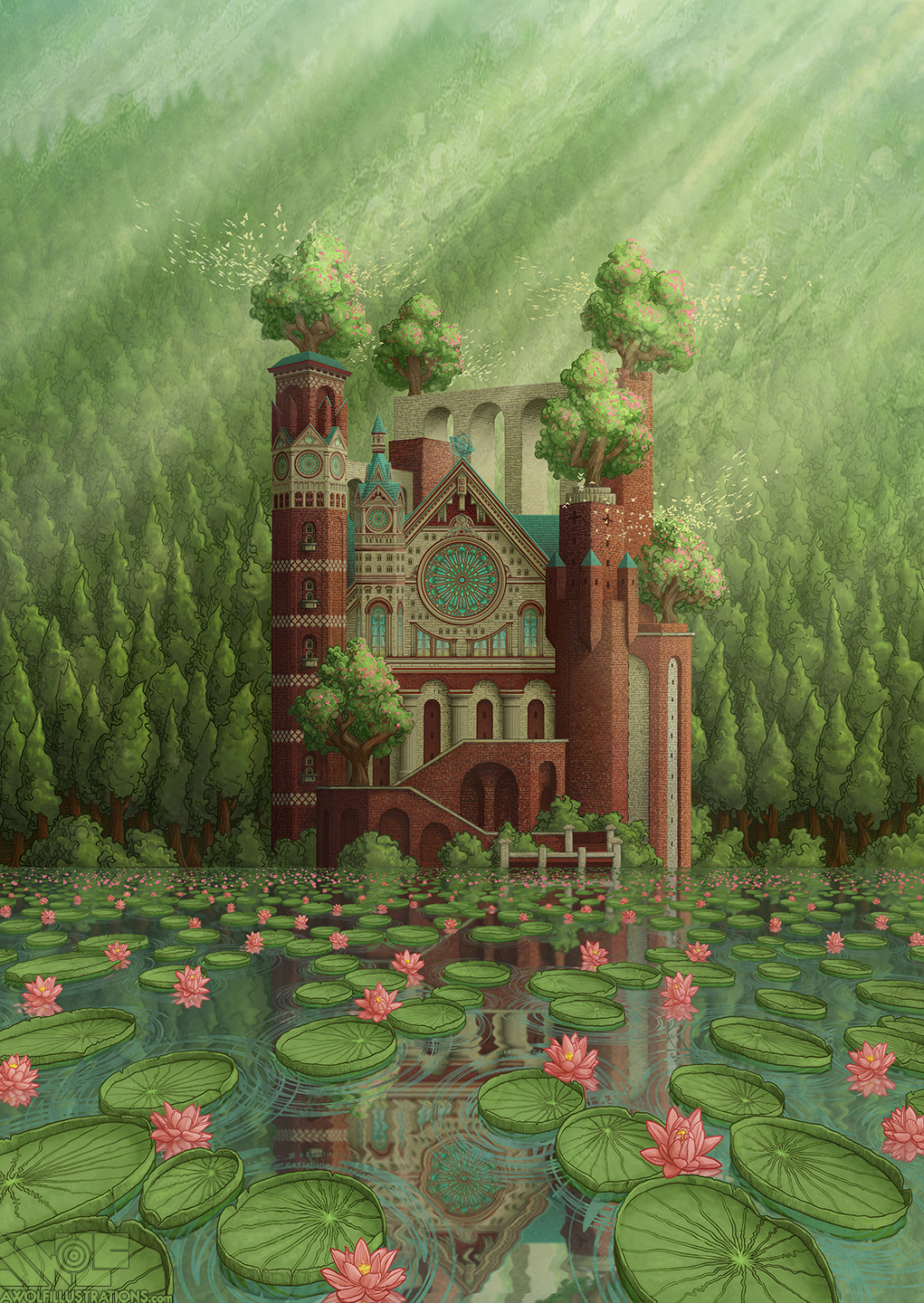 A digital artwork coloured on Adobe Photoshop which depicts a grand brick cathedral sitting on the edge of a body of water.