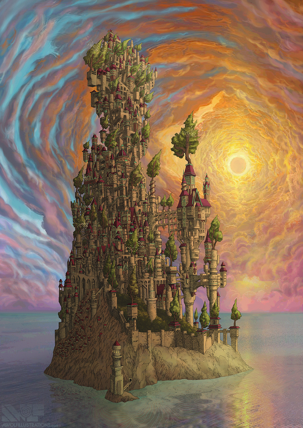A digital illustration of a castle on an island in the middle of the ocean infront of a beautiful sunset
