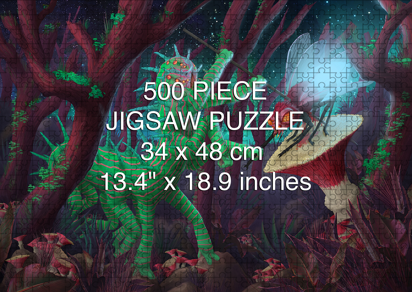 A Deilicate Balance. The KRex Brucus Hunts the Koba Fliege 500 piece puzzle by Aaron Wolf and Pandemic Puzzlesingdom