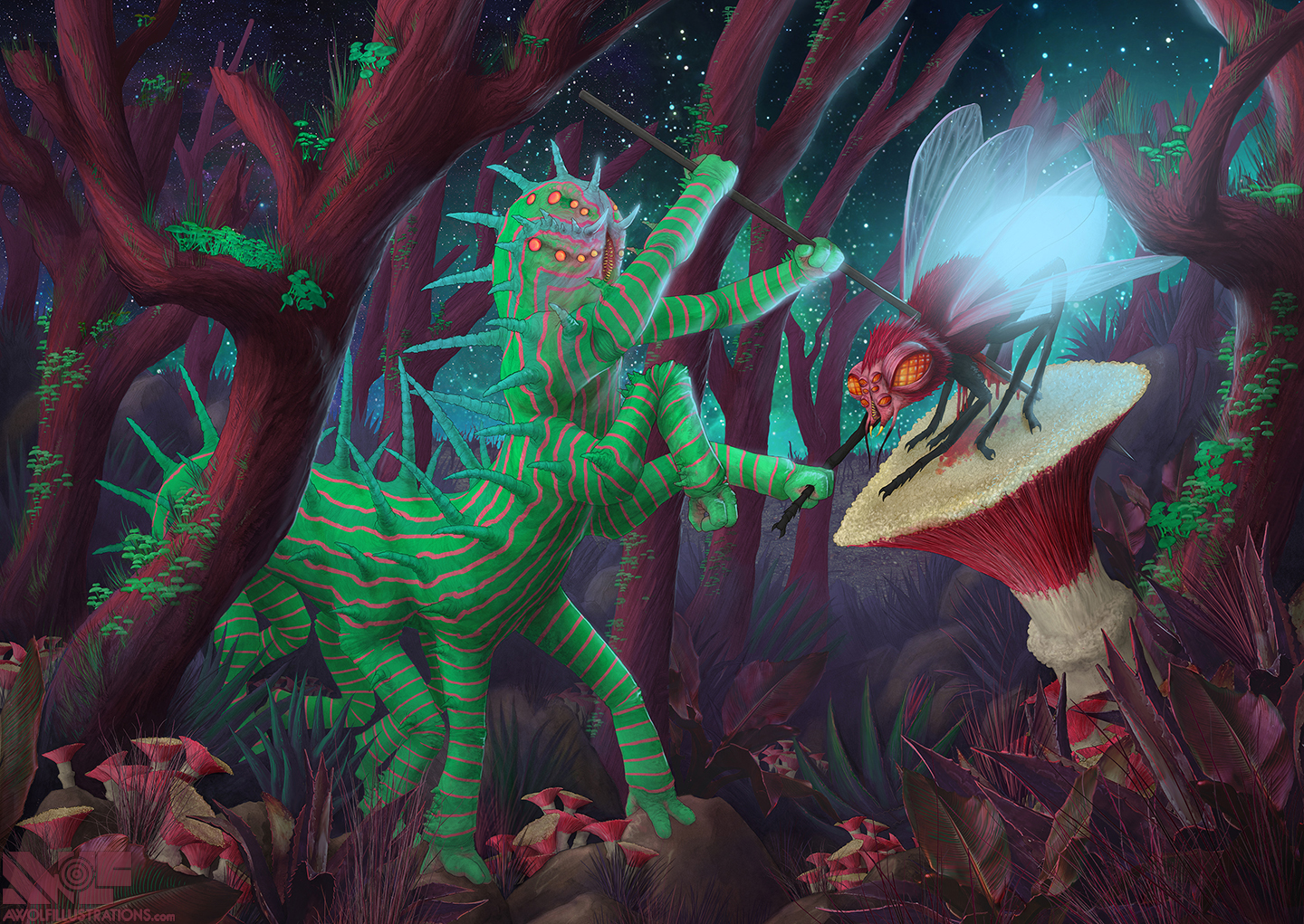 A digital artwork of a giant alien caterpillar hunting a luminescent fly with a spear at night. Available as a jigsaw puzzle