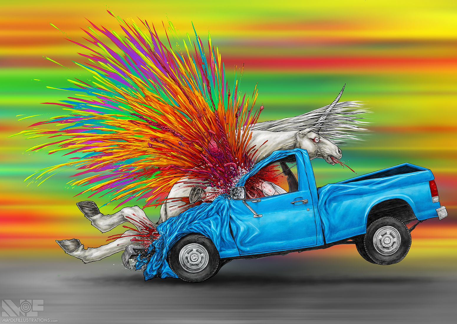 An artwork by aaron Wolf for Pandemic Puzzles illustrates the vibrant rainbow explosion of a unicorn being hit by a pickup truck