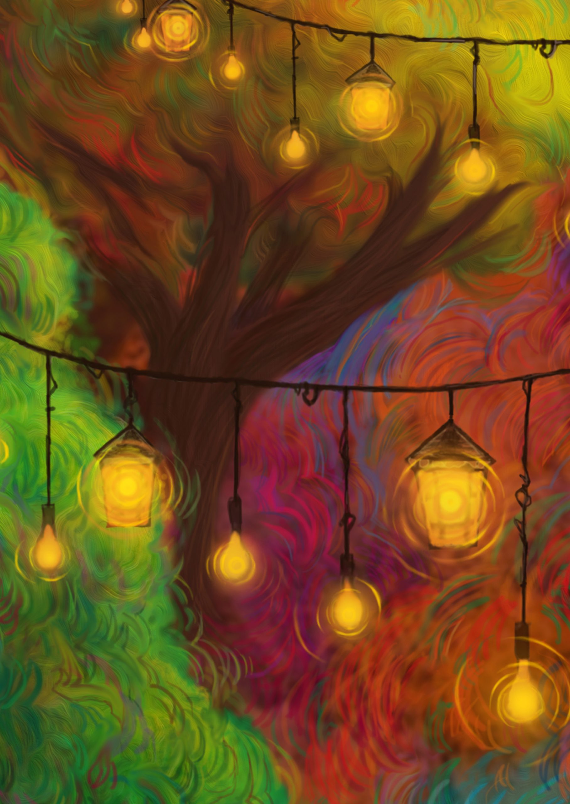 Detailed portion of Twilight Treehouse of the Phosphorescent Forest a surreal piece of digital art by Aaron Wolf