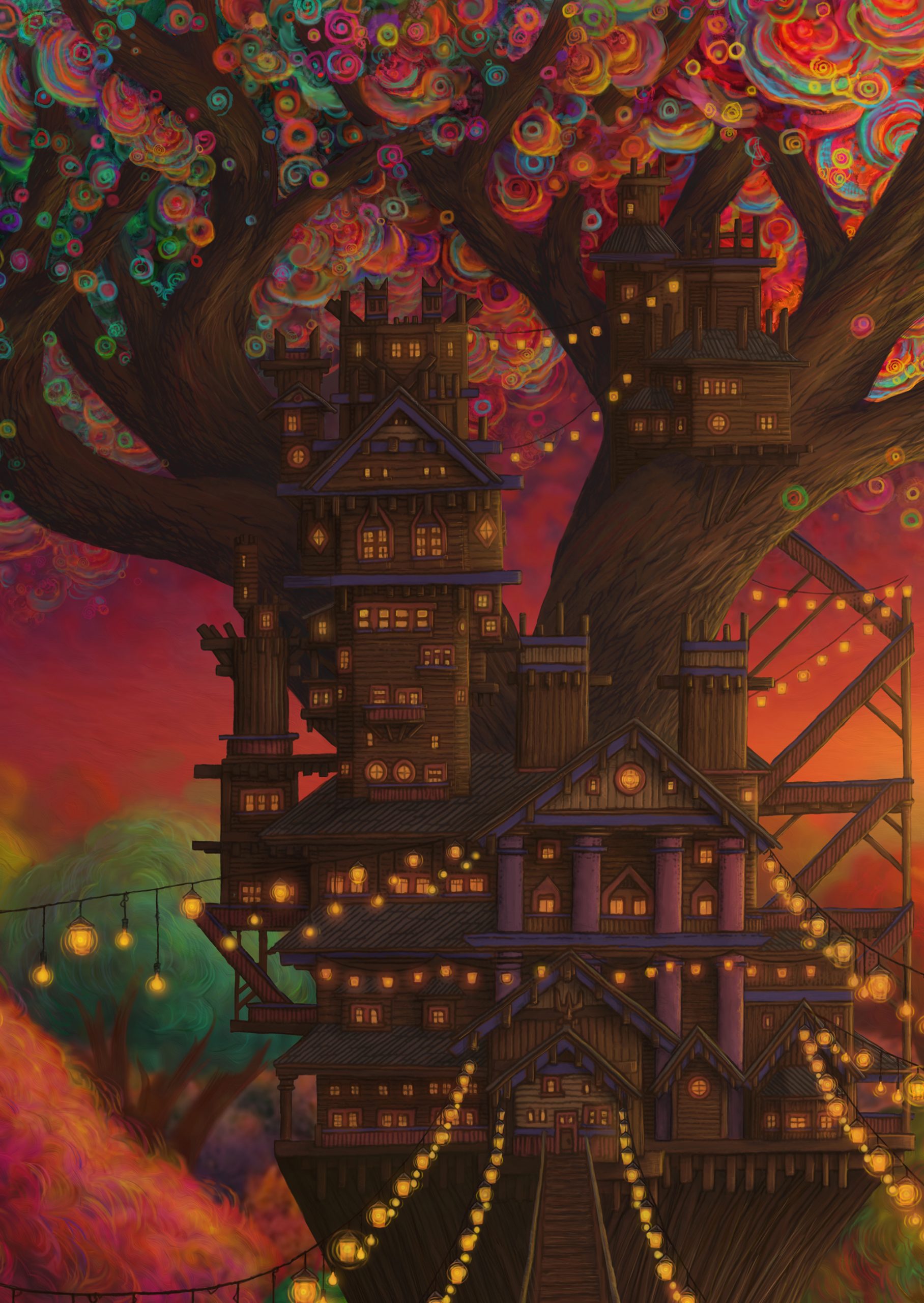 Detailed portion of Twilight Treehouse of the Phosphorescent Forest a surreal piece of digital art by Aaron Wolf