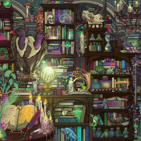A library or laboratory full of old spells books, strange animals, magic and colourful life.