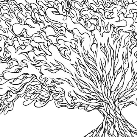 An ink drawing of a black and white stained glass tree from my sketchbook. This is part of an ongoing project of tiny hand drawn ink drawings in 3 x 5 inch sketchbooks. These will eventually be collected and published as an adult colouring book.