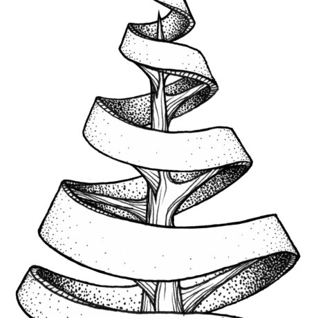 An ink drawing of a black and white cone shaped, ribbon tree from my sketchbook. This is part of an ongoing project of tiny hand drawn ink drawings in 3 x 5 inch sketchbooks. These will eventually be collected and published as an adult colouring book.
