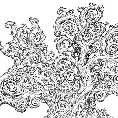 An ink drawing of a black and white twirling, vortex tree from my sketchbook. This is part of an ongoing project of tiny hand drawn ink drawings in 3 x 5 inch sketchbooks. These will eventually be collected and published as an adult colouring book.