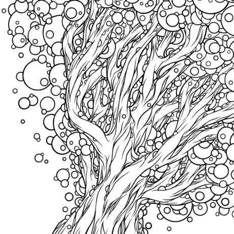 An ink drawing of a black and white stylised, geometric bubbles into space tree from my sketchbook. This is part of an ongoing project of tiny hand drawn ink drawings in 3 x 5 inch sketchbooks. These will eventually be collected and published as an adult colouring book.