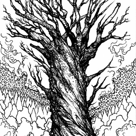An ink drawing of a black and white tornado tree from my sketchbook. This is part of an ongoing project of tiny hand drawn ink drawings in 3 x 5 inch sketchbooks. These will eventually be collected and published as an adult colouring book.