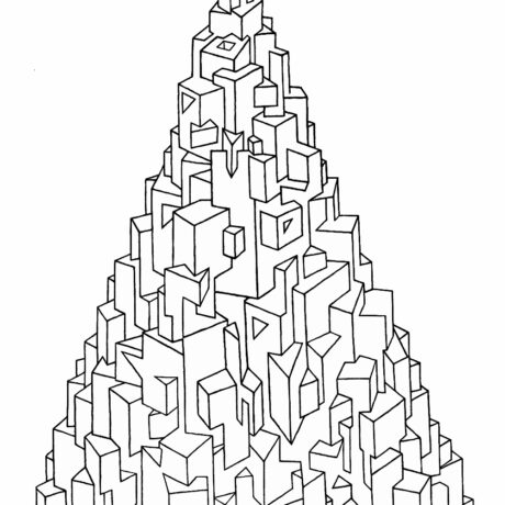 An ink drawing of a black and white cubist Christmas tree from my sketchbook. This is part of an ongoing project of tiny hand drawn ink drawings in 3 x 5 inch sketchbooks. These will eventually be collected and published as an adult colouring book.
