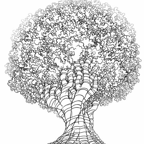 Tree Species 9: Fluffernobble Fig An ink drawing of a black and white Dr. Seuss-like round and miss-shaped tree from my sketchbook. This is part of an ongoing project of tiny hand drawn ink drawings in 3 x 5 inch sketchbooks. These will eventually be collected and published as an adult colouring book.