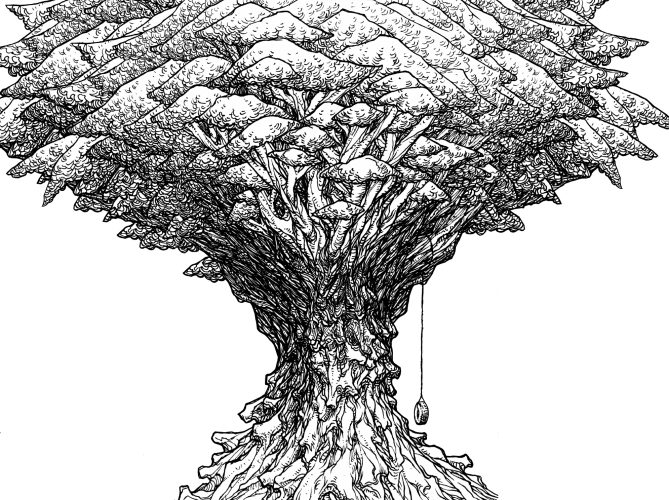 An ink drawing of a black and white shade providing with its large umbrella-like canopy textured tree from my sketchbook. This is part of an ongoing project of tiny hand drawn ink drawings in 3 x 5 inch sketchbooks. These will eventually be collected and published as an adult colouring book.