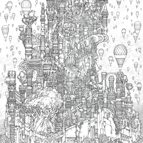 A digital ink drawing of an air balloon evacuation of the population of the Tower of Malgosia