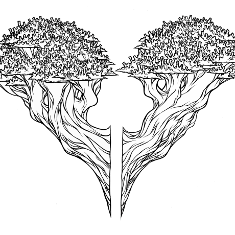 An ink drawing of a black and white heart-like tree from my sketchbook. This is part of an ongoing project of tiny hand drawn ink drawings in 3 x 5 inch sketchbooks. These will eventually be collected and published as an adult colouring book.