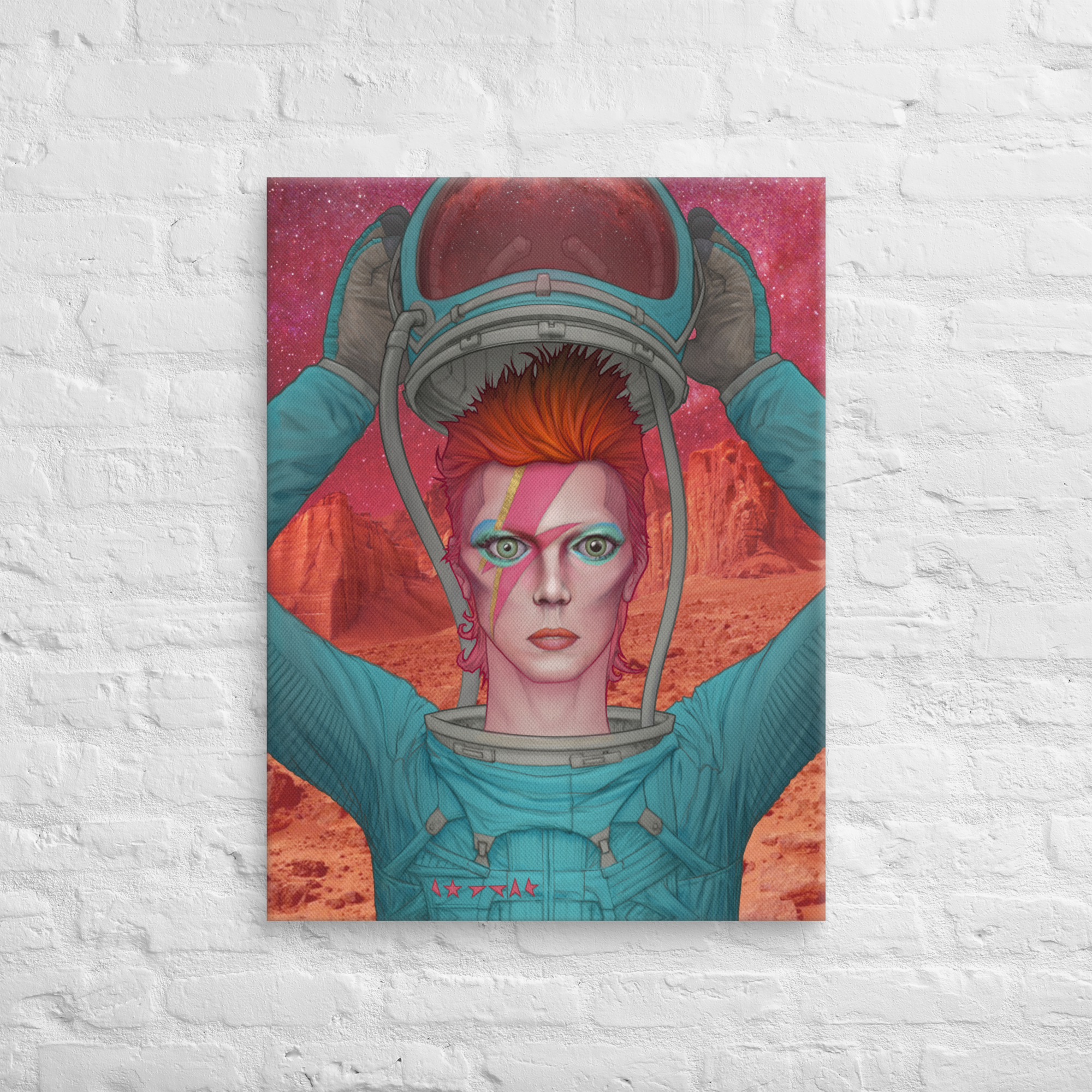 David Bowier: Ziggy Stardust on Mars. Canvas Print, 24 x 32 inches hanging on a brick wall